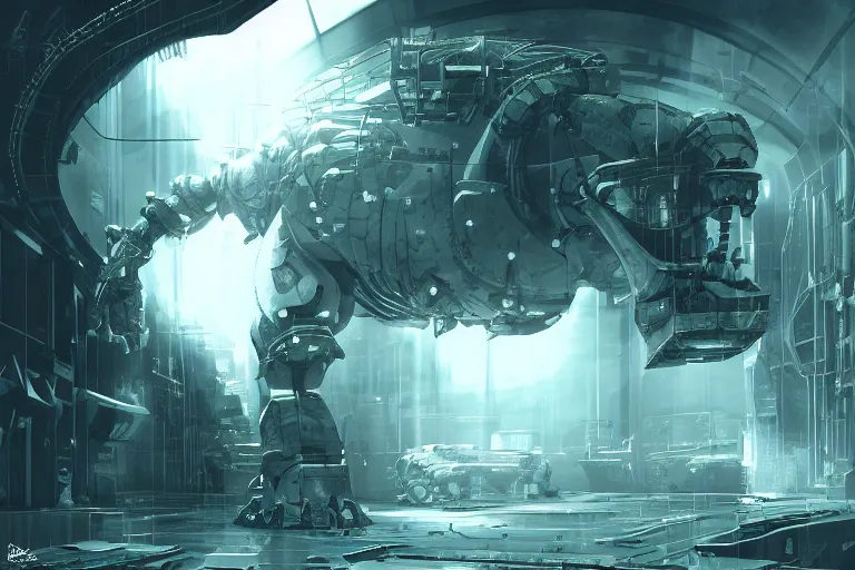 Image similar to robosaurus parallax datacenter server room interior single mono colossus white rusty robot sitting artstation cinematic detailed concept art volumetric light sharp coherent cgsociety symmetric perfect well balanced shadows lotr technogoddess