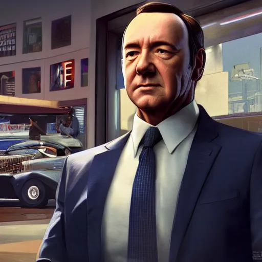 Prompt: Kevin Spacey in the GTA 5 cover, highly detailed award-winning masterpiece with incredible and beautiful details, trending on ArtStation