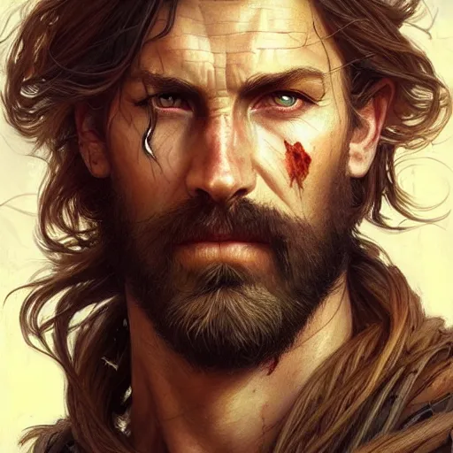 Prompt: Portrait of rugged male ranger, D&D, amber eyes, scars, long hair, long beard muscular, fantasy, intricate, elegant, highly detailed, digital painting, artstation, concept art, smooth, sharp focus, illustration, art by artgerm and greg rutkowski and alphonse mucha