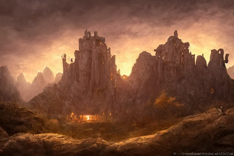 Image similar to fantasy painting, dungeons and dragons, a brutalist fortress overlooks a celtic sylvan rivendell medieval village hovels with a stream in a desert plain sunset with ominous shadows, a bunny by jessica rossier and brian froud cinematic painting