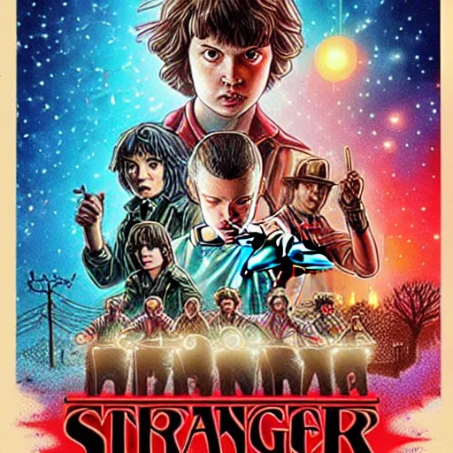 Prompt: Stranger Things poster by Ashley Wood and Mike Mignola and Drew Struzan, artstation, 80's American sci-fi poster style, 4K detailed post processing, footage