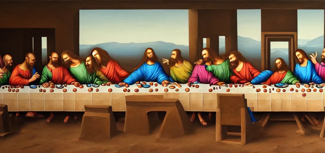 Image similar to a surreal painting of the last supper on the surface of mars