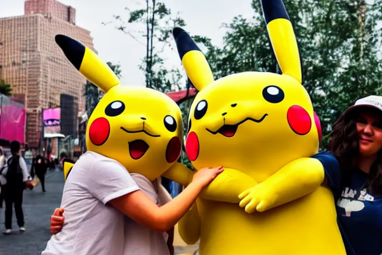 Prompt: a young woman is hugging a life size pikachu