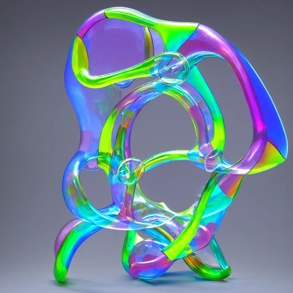 Prompt: unfinished klein bottle sculptural, chroma iridescence, colors, glassy, reflective and refractive, soap bubbles floating, forming as baroque architecture