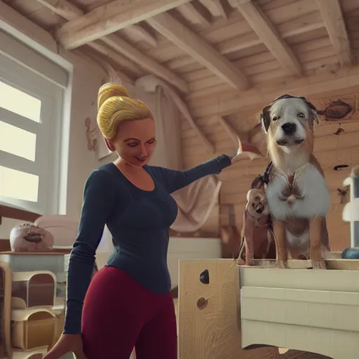 Image similar to still of woman working on her dog's clothing line, disney, comic book style, the dog is doing a ballet dance, highly detailed, 8k resolution, octane renderer