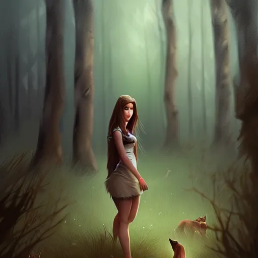 Image similar to a pretty girl surrounded by wolves, in the woods, digital painting, photorealistic, in the style of greg rutkowski, full body, detailed face