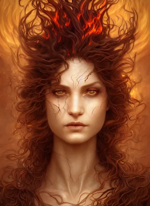 Prompt: creature of the fire!! portrait of a elemental sprite warm murky light, wind blown hair! fantasy esoteric, closeup, d & d, fantasy, intricate, elegant, highly detailed, digital painting, artstation, concept art, matte, sharp focus, illustration, art by artgerm and tom bagshaw and greg rutkowski and alphonse mucha