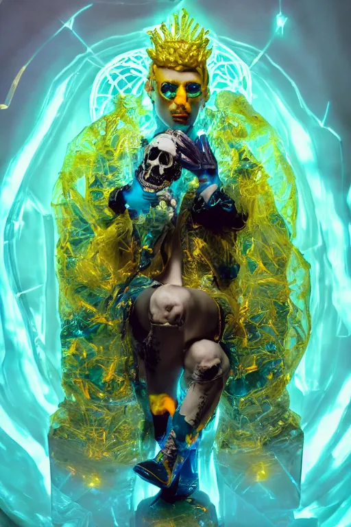 Image similar to photo of fullbody rococo and cyberpunk delicate neon crystalline sculpture of seductive muscular onyx albino marble prince joe jonas teal iridescent humanoid deity wearing yellow plastic hooded cloak holding an onyx skull in a onyx space dungeon, reclining, glowing yellow face, crown of white diamonds, cinematic lighting, photorealistic, octane render 8 k depth of field 3 d