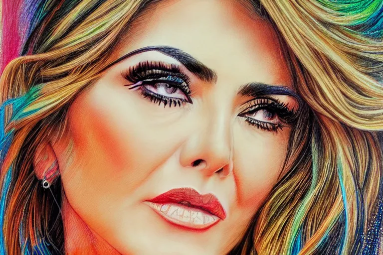 Image similar to bored look in her eyes Aracely Arambula close-up portrait looking straight on, complex artistic color pencil sketch illustration, full detail, gentle shadowing, fully immersive reflections and particle effects, chromatic aberration.