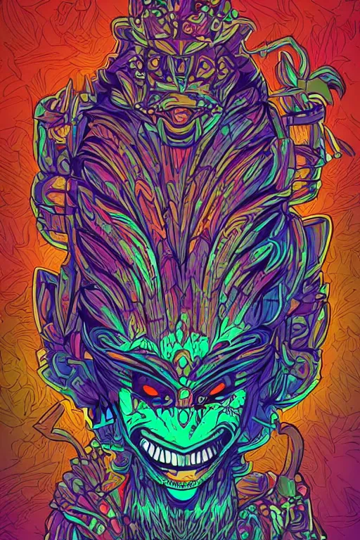 Image similar to totem animal mask tribal feather gemstone plant wood rock shaman vodoo video game vector illustration vivid multicolor borderlands comics by josan gonzales and dan mumford radiating a glowing aura