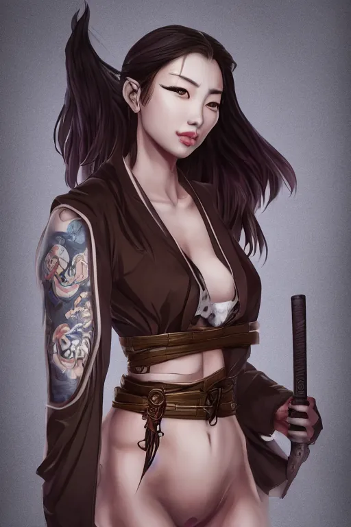 Prompt: heroine, beautiful, full body portrait, thin but strong samurai woman, open shirt, 6 pack, symmetrical beautiful face, relaxed pose, ultra detailed, digital art, 8 k, character, realistic, hyperrealistic