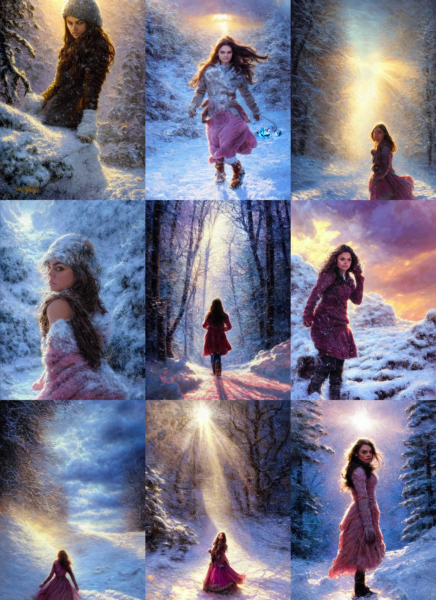 Prompt: epic portrait of Mila Kunis walking through deep snow, sun rays through snow, pink golden hour, cold stormy wind, intricate, highly detailed, shallow depth of field, epic vista, Ralph Horsley, Daniel F. Gerhartz, Artgerm, Boris Villajo, Lilia Alvarado