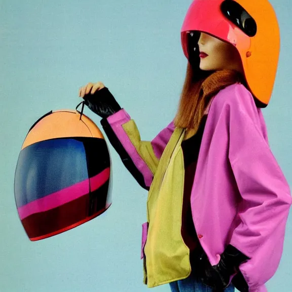 Prompt: model in motorcycle helmet wearing baggy colorful 9 0 s jacket by rick owens. magazine ad. 7 0 s furniture. pastel background.