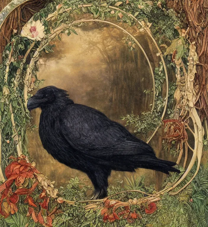 Prompt: a breathtakingly stunningly pre raphaelite beautifully highly detailed close up animal portrait of a majestic raven, in an forest arch with smokey water reflections, framed, by rosetti and devinci and morris and walter crane and michael cheval and sidney cooper and turner, 4 k