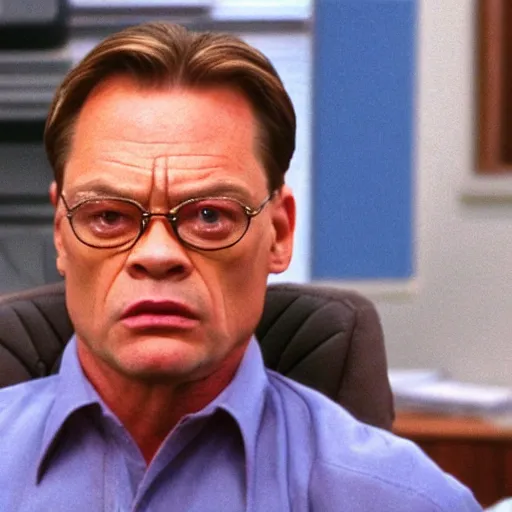 Image similar to Jean Claude Vandamme as Dwight Schrute on the office, cinematic still, high quality,