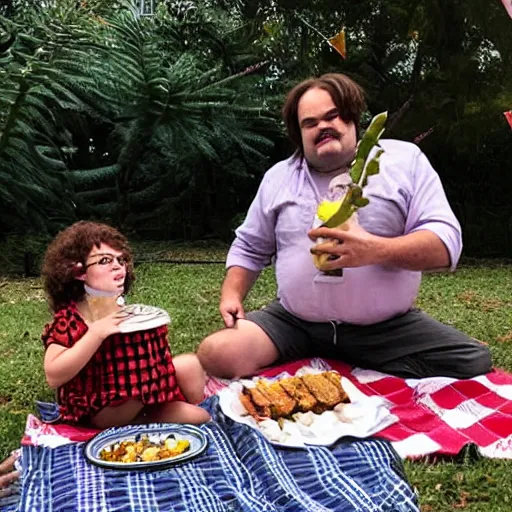 Prompt: jack black having a picnic with a demogorgon