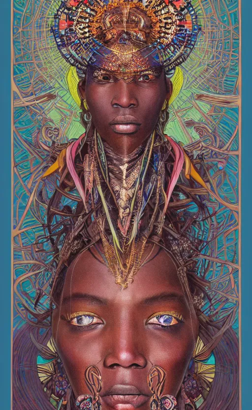 Image similar to upper half portrait of retro futuristic african tribal chief - embellished with vegetation and iridescent crystals, art by cheng, hsiao - ron & alphonso mucha, colouring by zdzisaw beksinski, highly detailed, digital painting, airbrush, concept art, illustration, smooth sharp focus, intricate, symmetry, artstation, colourful,