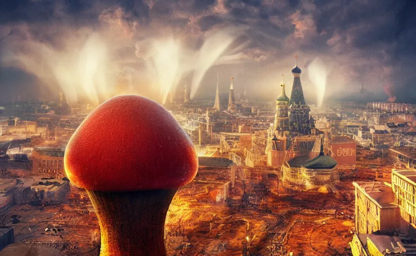 Image similar to nuclear explosion with realistic nuclear mushroom in Red Square Kremlin, intricate, cinematic shot, extremely high detail, photo realistic, cinematic lighting, post processed, artstation, matte painting, smooth, sharp focus, illustration
