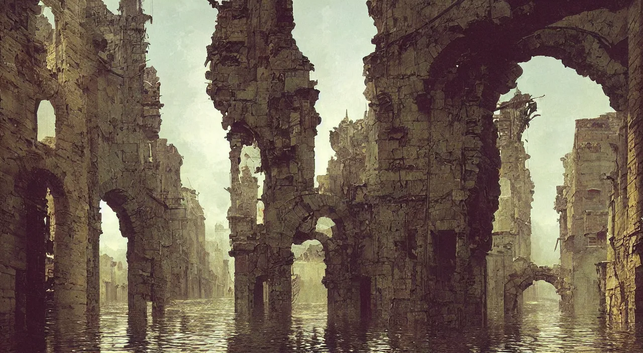 Prompt: a high contrast! painting of a flooded ancient street empty arch by bruce pennington carl spitzweg rene magritte, full - length view, psychedelic, surreal, distorted, alien, vibrant, symmetry, great composition, high detail, cinematic lighting, masterpiece