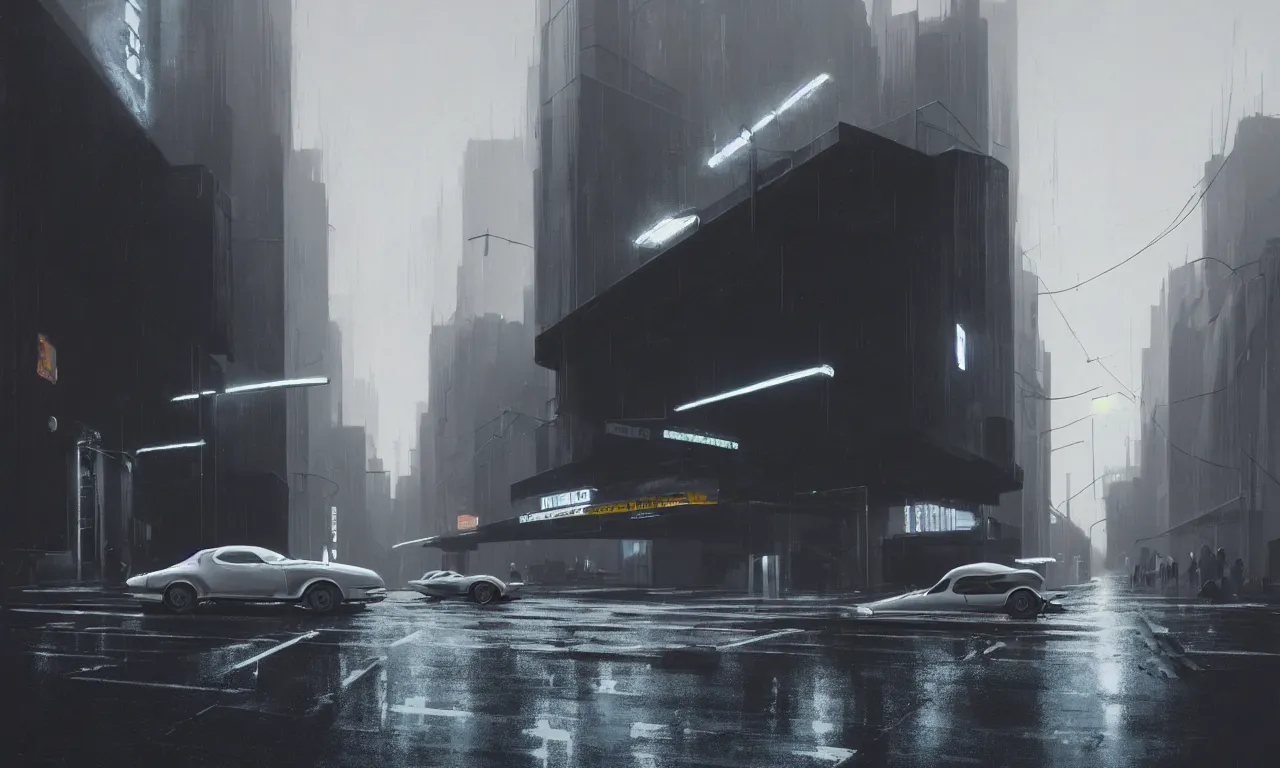 Image similar to high resolution photograph, streetscape, simple brutalist architecture, metal, concrete, wet streets, white neon lights, neon signs, flying cars, pedestrians, greg rutkowski, syd mead, ralph mcquarrie, concept art, matte painting, finely detailed, minimal artifacts, rule of thirds, dynamic lighting, cinematic, denoised, centered, artstation