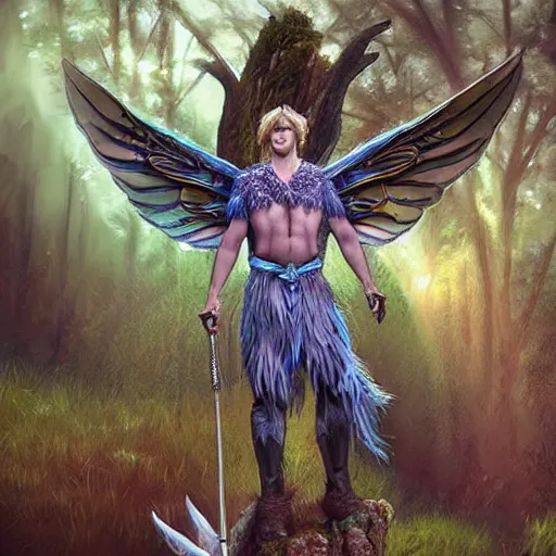 Image similar to A male fairy druid with hawk wings, D&D Art, detailed, rim light, diffused, intricate, by Tyler Jacobson