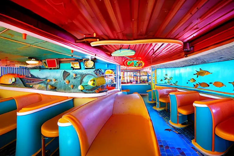 Image similar to 2 0 1 5 fish themed underwater american diner, googie architecture, two point perspective, americana, fishcore, restaurant interior photography, 8 5 mm, taken by alex webb