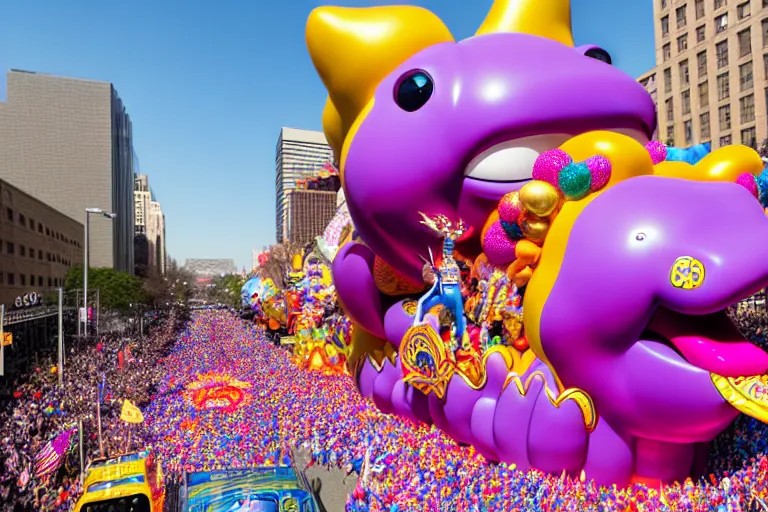 Image similar to photo of giant elaborate parade float designed by geoff darrow!!!! and ( ( ( ( ( ( lisa frank ) ) ) ) ) ), in the macys parade, detailed 4 k photo