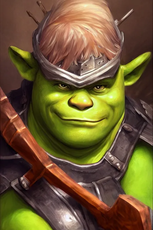 Image similar to A realistic anime portrait of Shrek, warrior, D&D, dual Axe wielding, full body plated armor, dungeons and dragons, tabletop role playing game, rpg, jrpg, digital painting, by Stanley Artgerm Lau, Frank frazzeta, WLOP and Rossdraws, digtial painting, trending on ArtStation, SFW version