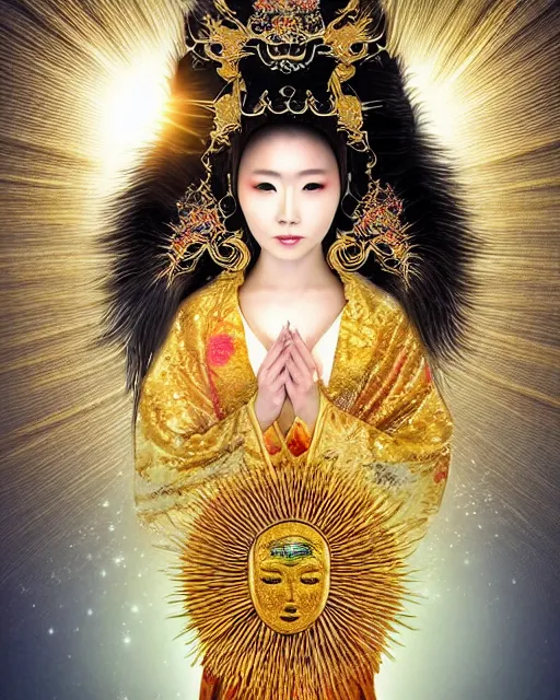 Image similar to hyper realistic portrait photo of beautiful ameterasu the sun goddess of japan, japanese model, portrait shot, intricate detail, glittering sun rays