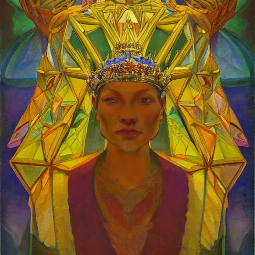 Prompt: the crystal crown, by Annie Swynnerton and Nicholas Roerich and Diego Rivera, bioluminescent skin, elaborate costume, geometric ornament, symbolist, rich color, dramatic cinematic lighting, smooth, sharp focus, extremely detailed