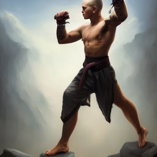 Prompt: A detailed matte oil on canvas painting of a young white male martial artist monk, orchid arm tattoos by greg rutkowski, trending on artstationhd, dungeons and dragons art