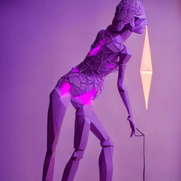 Image similar to beautiful mannequin sculpted out of amethyst by billelis + lit with 3 d geometric neon + doorway opening with neon pink geometric light + hosta flowers!!!, moon in background!!!!!!, rule of thirds, clean linework, dramatic, award winning, 4 k, trending on artstation, photorealistic, volumetric lighting, octane render