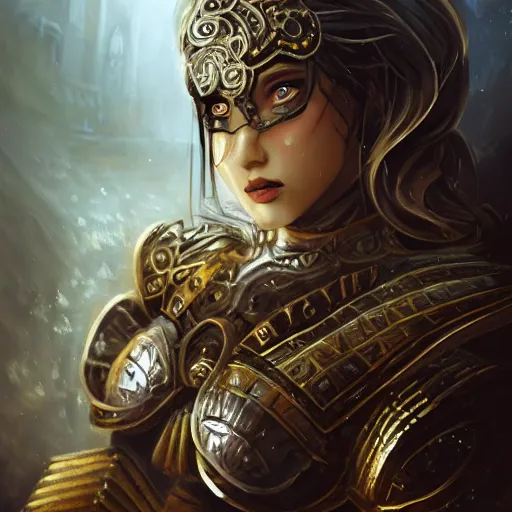 Image similar to portrait knights of Zodiac girl+smoky eyes, metalic black and red mirror reflected armor, in ruined Agora of Athens, black magic, ssci-fi, fantasy, intricate, very very beautiful, elegant, golden light, highly detailed, digital painting, artstation, concept art, smooth, sharp focus, illustration, art by tian zi and WLOP and alphonse mucha