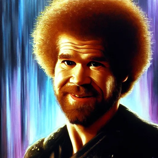 Prompt: portrait of bob ross as richard decker in bladerunner : bladerunner, film still, detailed realism face in painting, detailed beautiful portrait, oil painting masterpiece, 8 k resolution, smooth, sharp focus, trending on artstation, by rembrandt