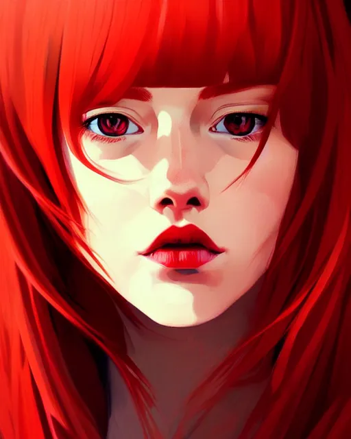 Image similar to a detailed portrait of an attractive!! woman with red hair and freckles by ilya kuvshinov, digital art, dramatic lighting, dramatic angle