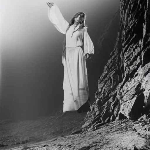 Image similar to 1 9 7 0's artistic western movie, a woman in a giant billowy wide flowing waving dress made out of white smoke, standing inside a dark western rocky scenic landscape, volumetric lighting