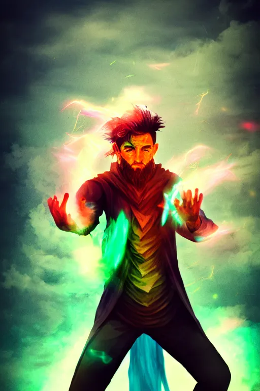 Prompt: a human elemental sorcerer, mountainous setting, colorful magic effects, male, white skin, portrait, old, sharp focus, digital art, dynamic lighting, by emylie boivin