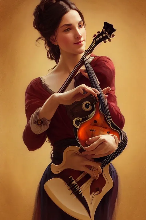 Image similar to beautiful bard holding a mandolin, accurate anatomy, only two hands, highly detailed, digital painting, artstation, concept art, smooth, sharp focus, illustration, Unreal Engine 5, 8K, art by Artgerm and greg rutkowski and alphonse Mucha