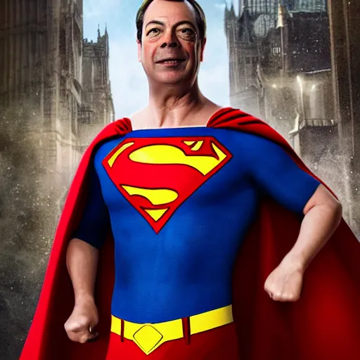 Image similar to Portrait of Nigel Farage as superman, heroic, amazing splashscreen artwork, splash art, head slightly tilted, natural light, elegant, intricate, fantasy, atmospheric lighting, cinematic, matte painting, detailed face, by Greg rutkowski