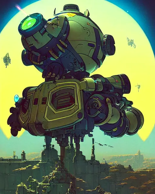 Image similar to bastion from overwatch, pet bird, character portrait, portrait, close up, concept art, intricate details, highly detailed, vintage sci - fi poster, retro future, in the style of chris foss, rodger dean, moebius, michael whelan, katsuhiro otomo, and gustave dore