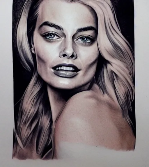 Image similar to A realistic tattoo design of margot robbie on white paper, realism tattoo design, highly detailed tattoo, shaded tattoo, hyper realistic tattoo