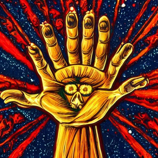 Prompt: cosmic hand eaten by cannibal ecclesial fraternity, intricate, aesthetic, artistic, 8 k resolution