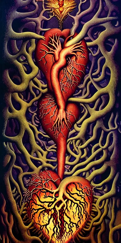 Image similar to mythical creatures and monsters in the visceral anatomical human heart imaginal realm of the collective unconscious, in a dark surreal mixed media oil painting by johfra, mc escher and ronny khalil, dramatic lighting from inner fire