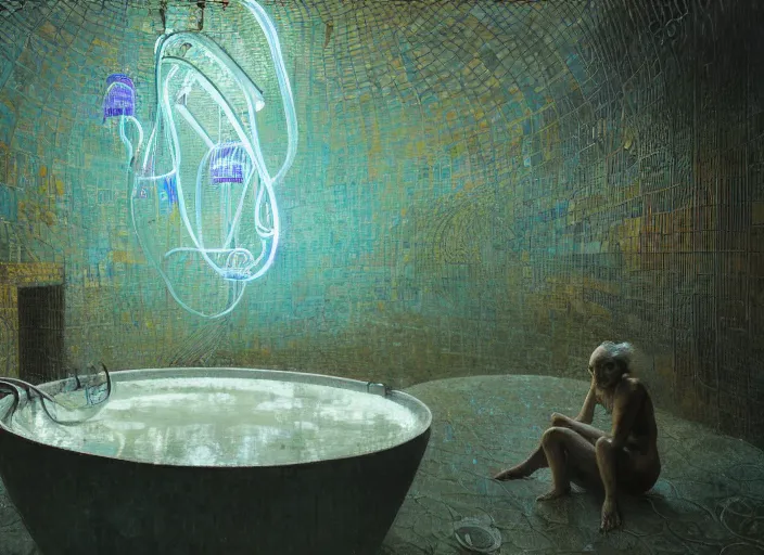 Image similar to close-up of bathtub full of water, neon, they are watching, RGB, glowing wires everywhere, decay, by Edgar Maxence and Ross Tran, Zdzisław Beksiński, and Michael Whelan, distant, gustav dore, H.R. Giger, 8k, octane render