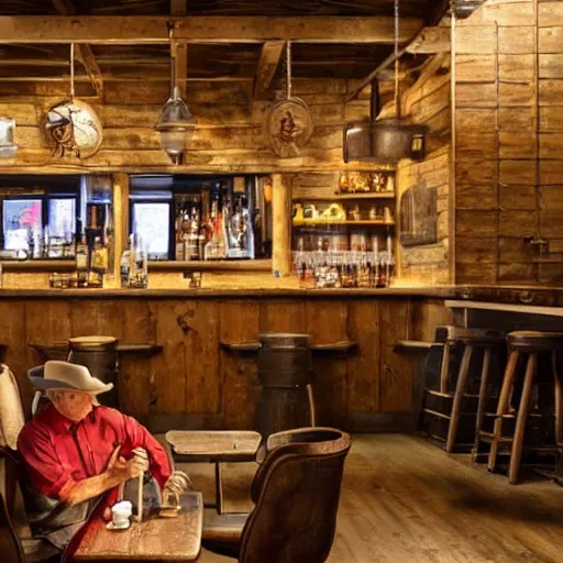 Image similar to an old western cowboy in a modern bar, realistic