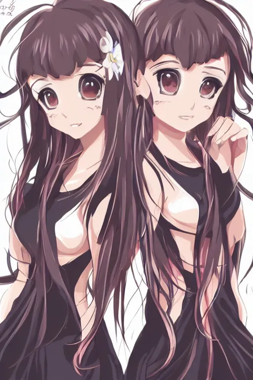 Image similar to two identical beautiful female idols standing face to face, symmetrical, detailed anime art