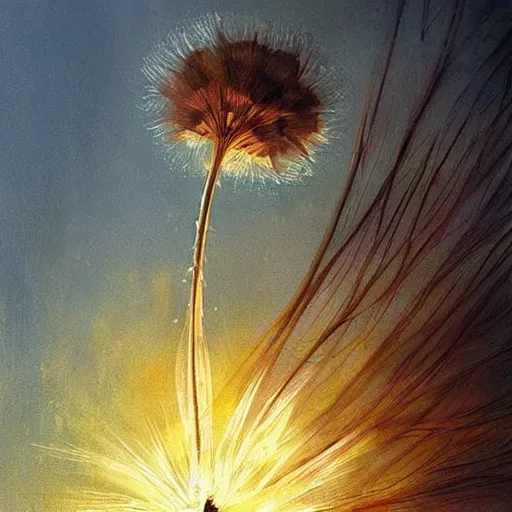 Prompt: a beautiful fairytale painting of a dandelion seed that looks like a fairy. beautiful clear painting by greg rutkowski