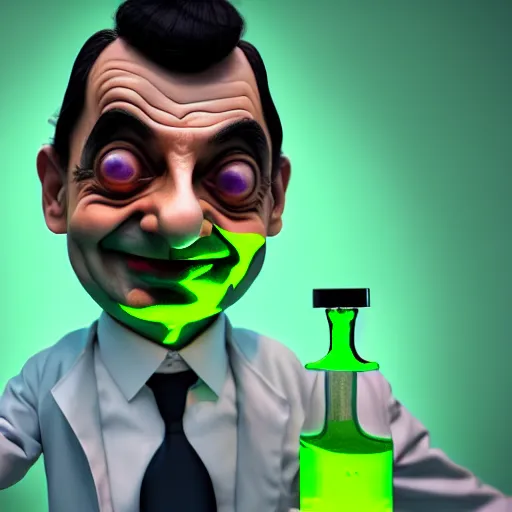 Image similar to mr. bean depicted as a mad scientist, wearing a lab coat, mixing green acids, digital art, trending on artstation and unreal engine