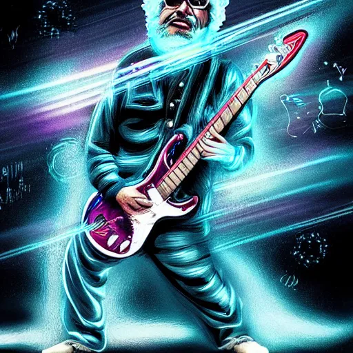 Image similar to a Jerry Garcia guitarist playing so intensely there is electricity shooting out from his guitar, energy beams under his finger tips, and magic sparkles from the freboard, amazing ditial art, trending on artstation, featured on deviantart