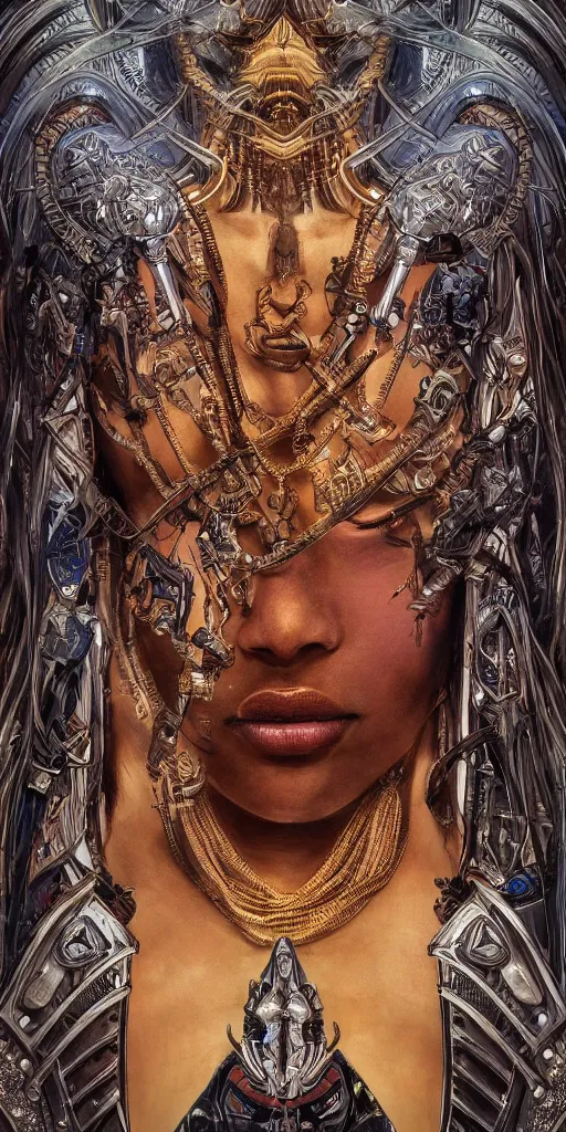 Image similar to HDR portrait photography of The Benevolent Cyborg Queen vertically mirrored above The Evil Cyborg King, ethnic, fantasy, intricate, elegant, highly detailed, African, Egyptian, Aztec, Mayan, digital painting, artstation, HDR photo, smooth, sharp focus, illustration, art by artgerm and greg rutkowski and alphonse mucha